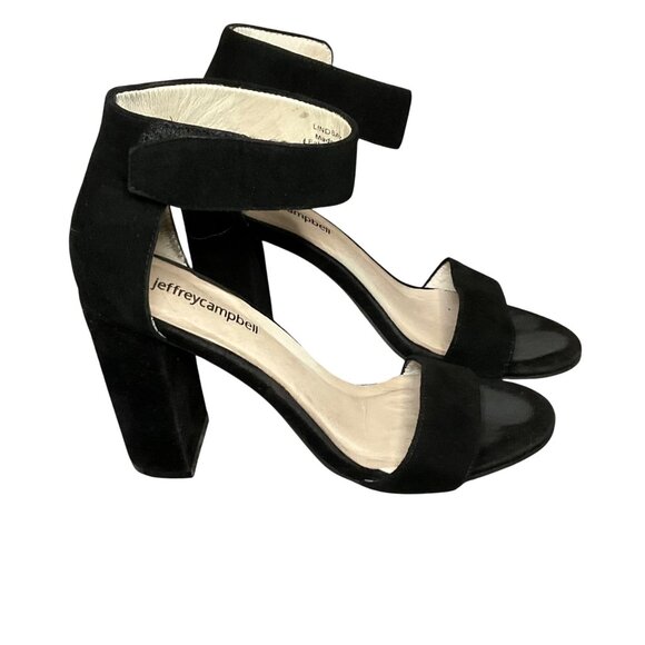 Jeffrey Campbell Lindsay Black Suede Heeled Sandals With Ankle Strap 5 Classic - Picture 1 of 11